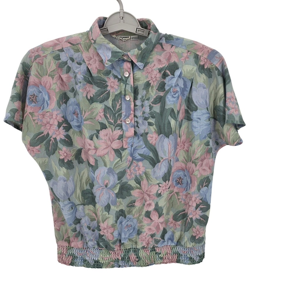 Alfred Dunner Women Floral Top Button Front Elastic Waist Vintage Cottage Core M